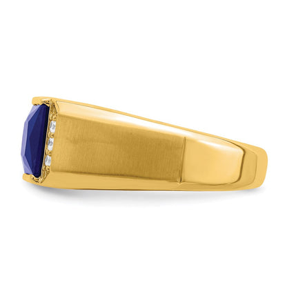14K Gelbgold Herrenring mit quadratischem synthetischem Saphir und echten Diamanten