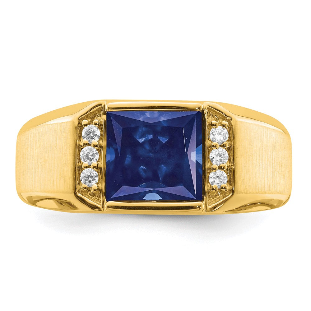 14K Gelbgold Herrenring mit quadratischem synthetischem Saphir und echten Diamanten