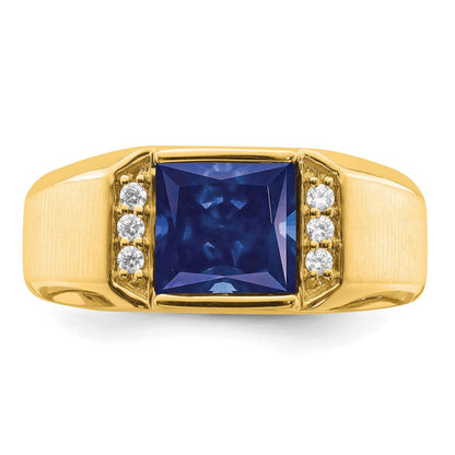14K Gelbgold Herrenring mit quadratischem synthetischem Saphir und echten Diamanten