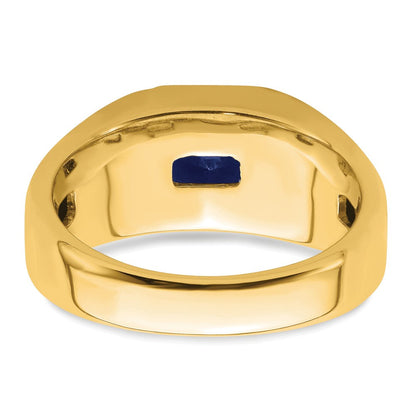 14K Gelbgold Herrenring mit quadratischem synthetischem Saphir und echten Diamanten