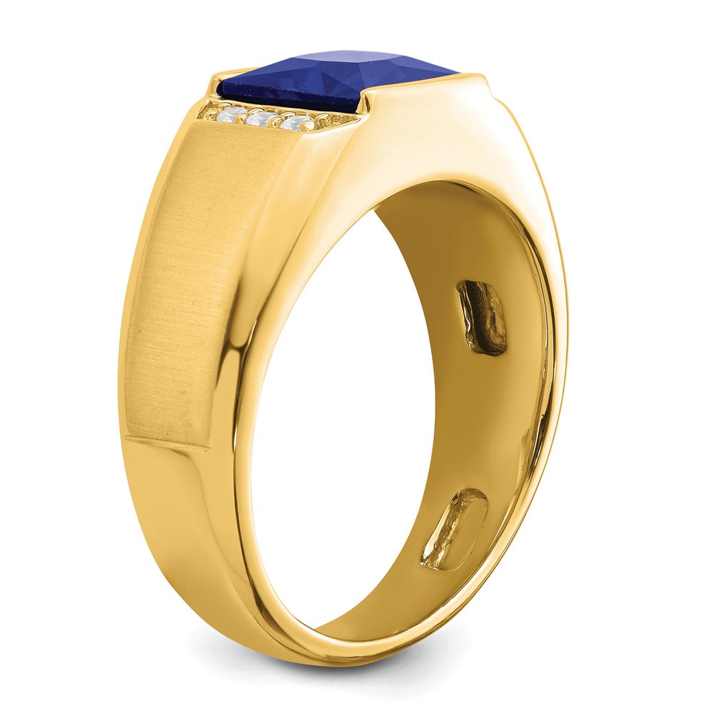 14K Gelbgold Herrenring mit quadratischem synthetischem Saphir und echten Diamanten