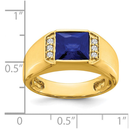 14K Gelbgold Herrenring mit quadratischem synthetischem Saphir und echten Diamanten