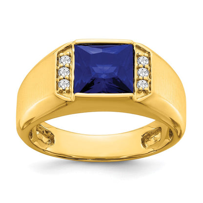 14K Gelbgold Herrenring mit quadratischem synthetischem Saphir und echten Diamanten
