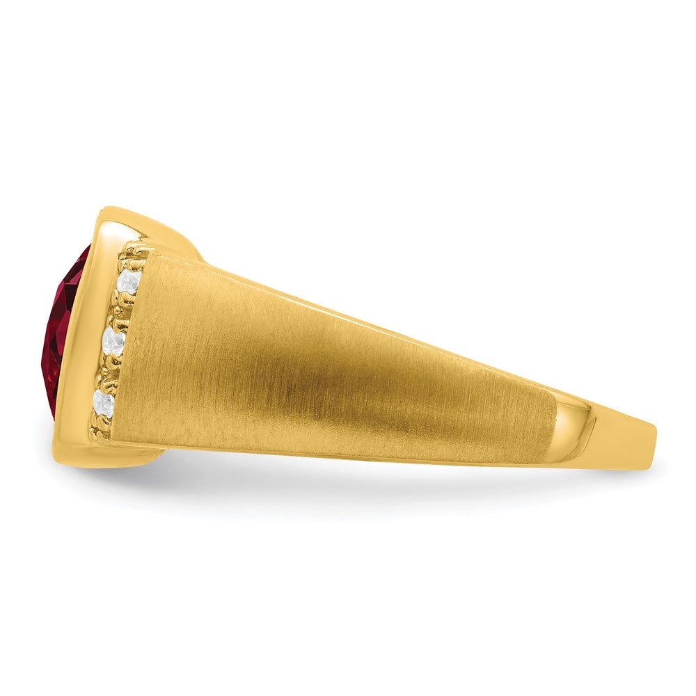 14K Gelbgold Herrenring mit synthetischem Rubin und echtem Diamant