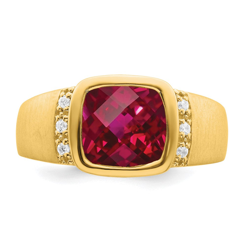 14K Gelbgold Herrenring mit synthetischem Rubin und echtem Diamant