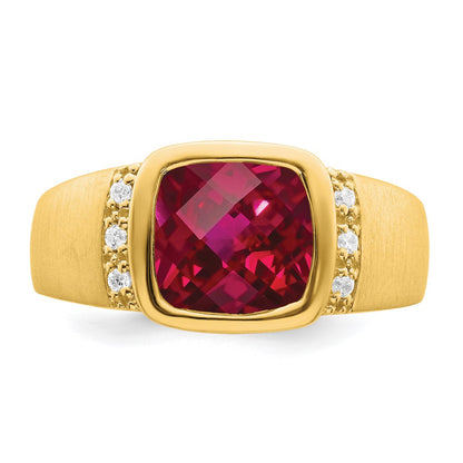 14K Gelbgold Herrenring mit synthetischem Rubin und echtem Diamant
