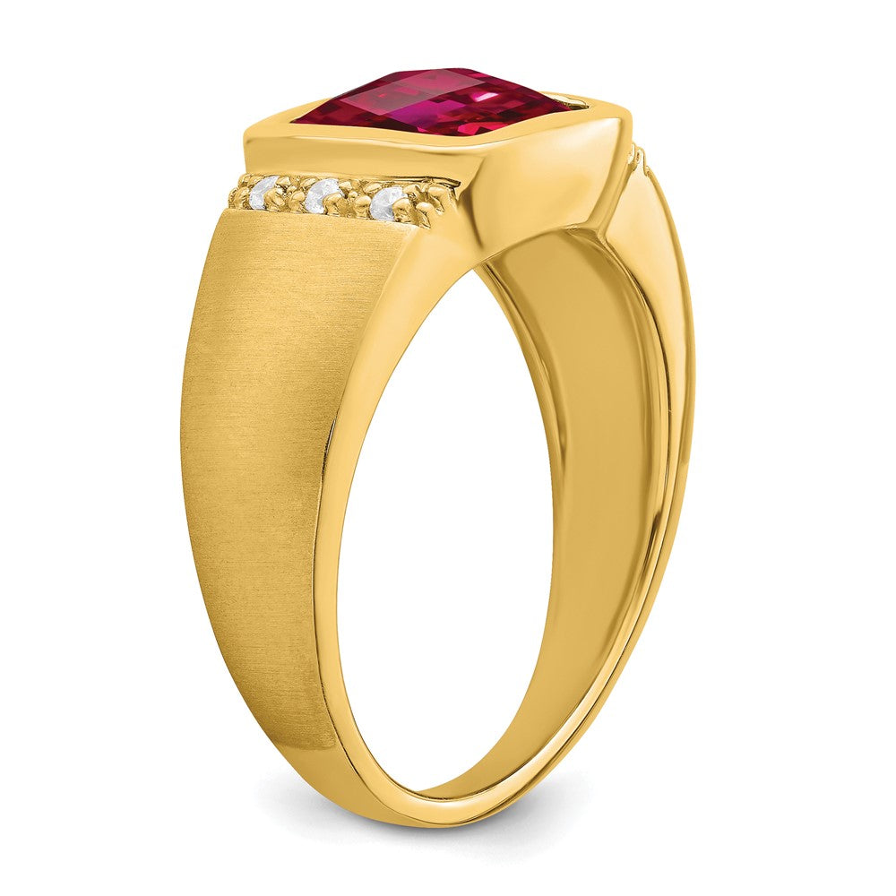 14K Gelbgold Herrenring mit synthetischem Rubin und echtem Diamant