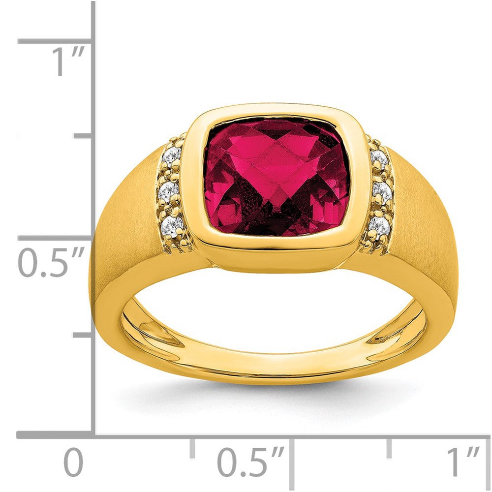 14K Gelbgold Herrenring mit synthetischem Rubin und echtem Diamant