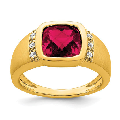 14K Gelbgold Herrenring mit synthetischem Rubin und echtem Diamant