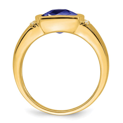 14K Gelbgold Herrenring mit synthetischem Saphir und echtem Diamant