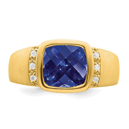 14K Gelbgold Herrenring mit synthetischem Saphir und echtem Diamant