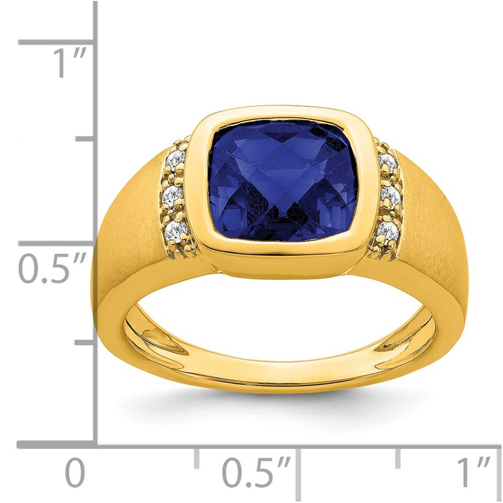 14K Gelbgold Herrenring mit synthetischem Saphir und echtem Diamant