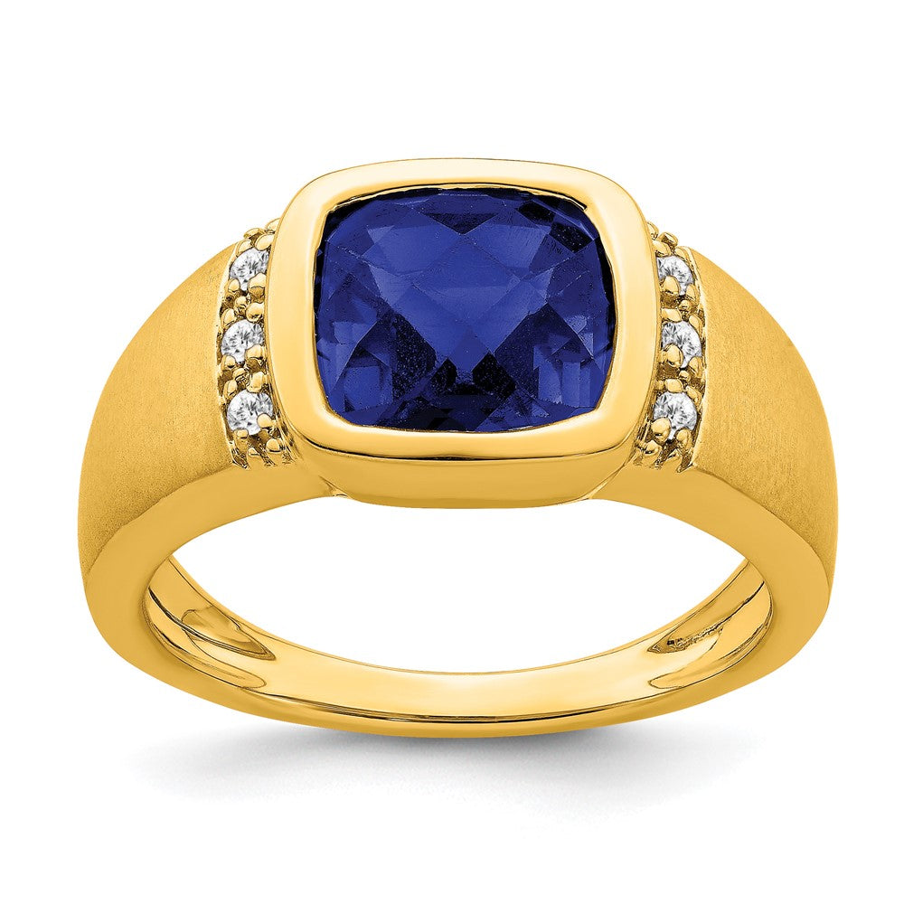 14K Gelbgold Herrenring mit synthetischem Saphir und echtem Diamant