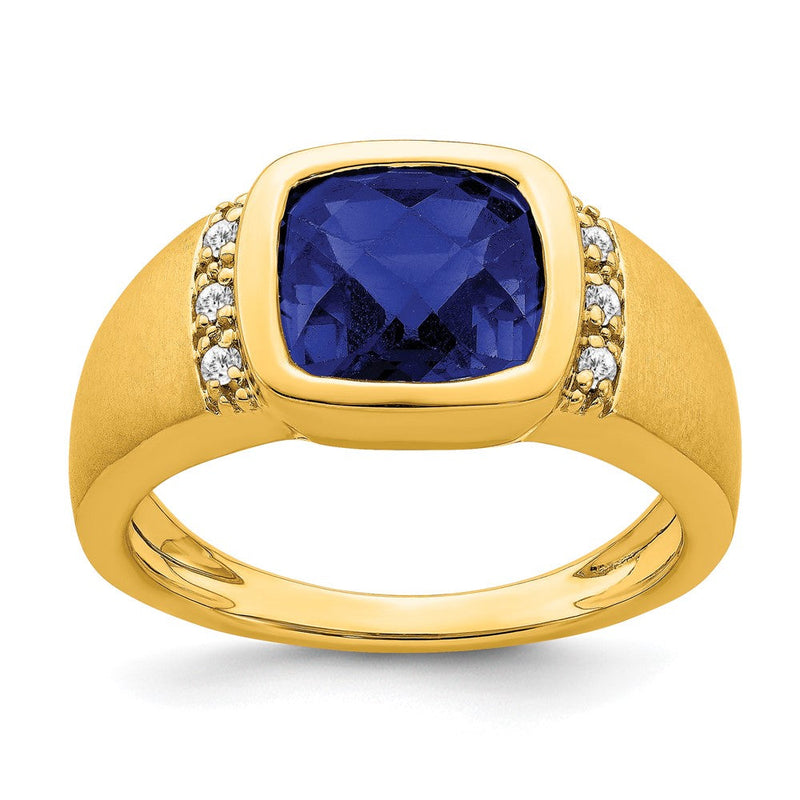 14K Gelbgold Herrenring mit synthetischem Saphir und echtem Diamant