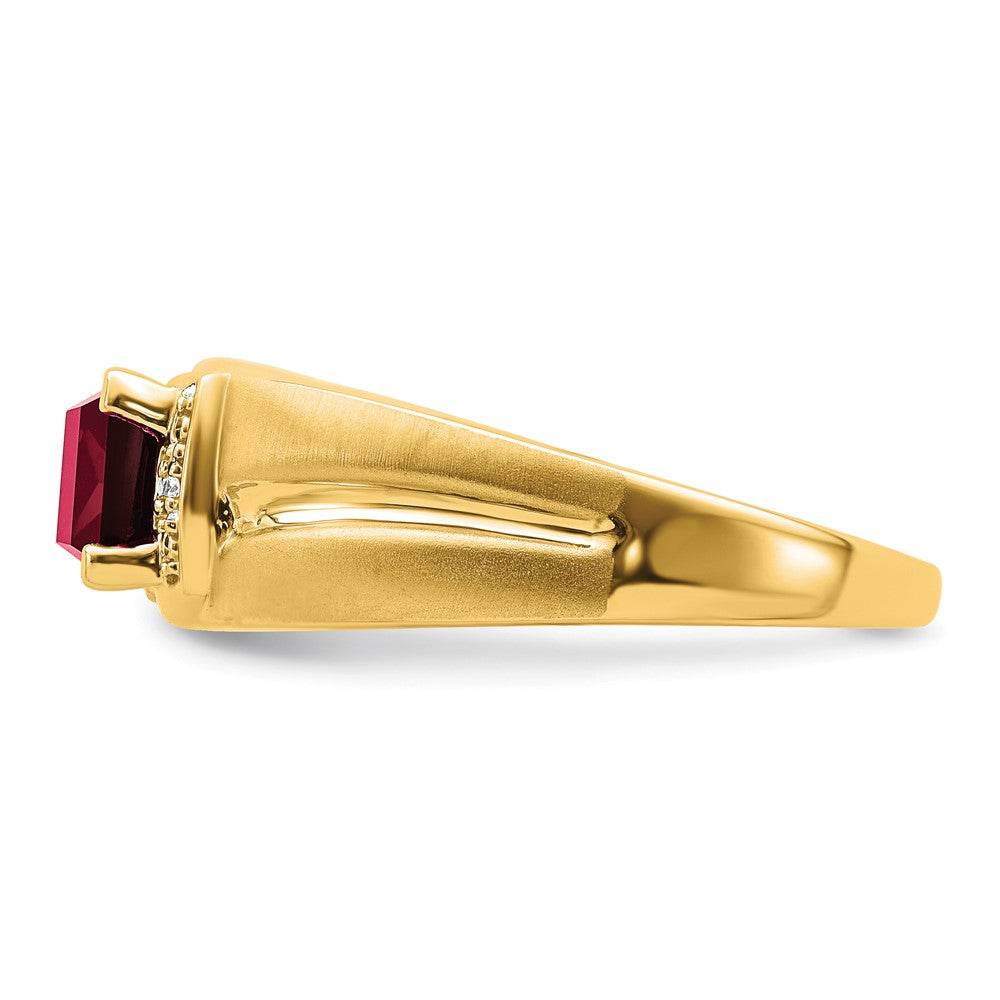 14K Gelbgold Herrenring mit Rubin im Smaragdschliff (synthetisch) und echten Diamanten