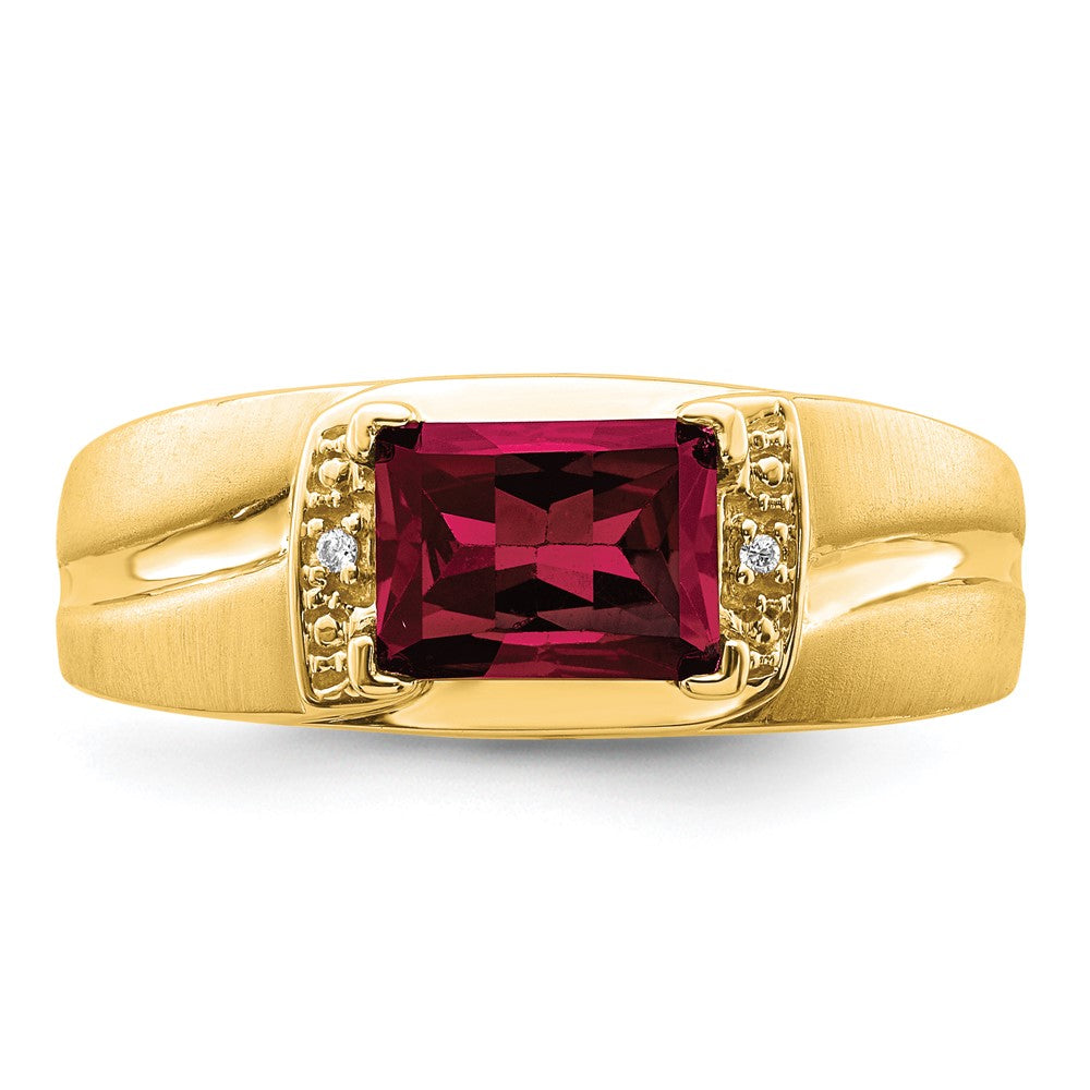 14K Gelbgold Herrenring mit Rubin im Smaragdschliff (synthetisch) und echten Diamanten