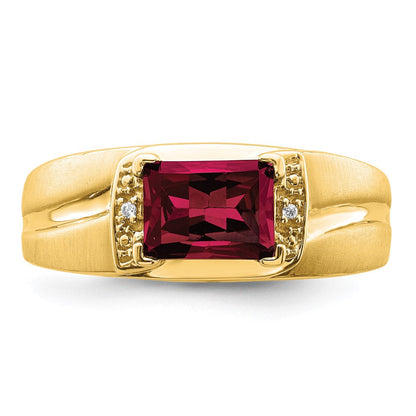 14K Gelbgold Herrenring mit Rubin im Smaragdschliff (synthetisch) und echten Diamanten
