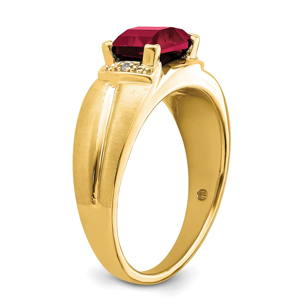 14K Gelbgold Herrenring mit Rubin im Smaragdschliff (synthetisch) und echten Diamanten