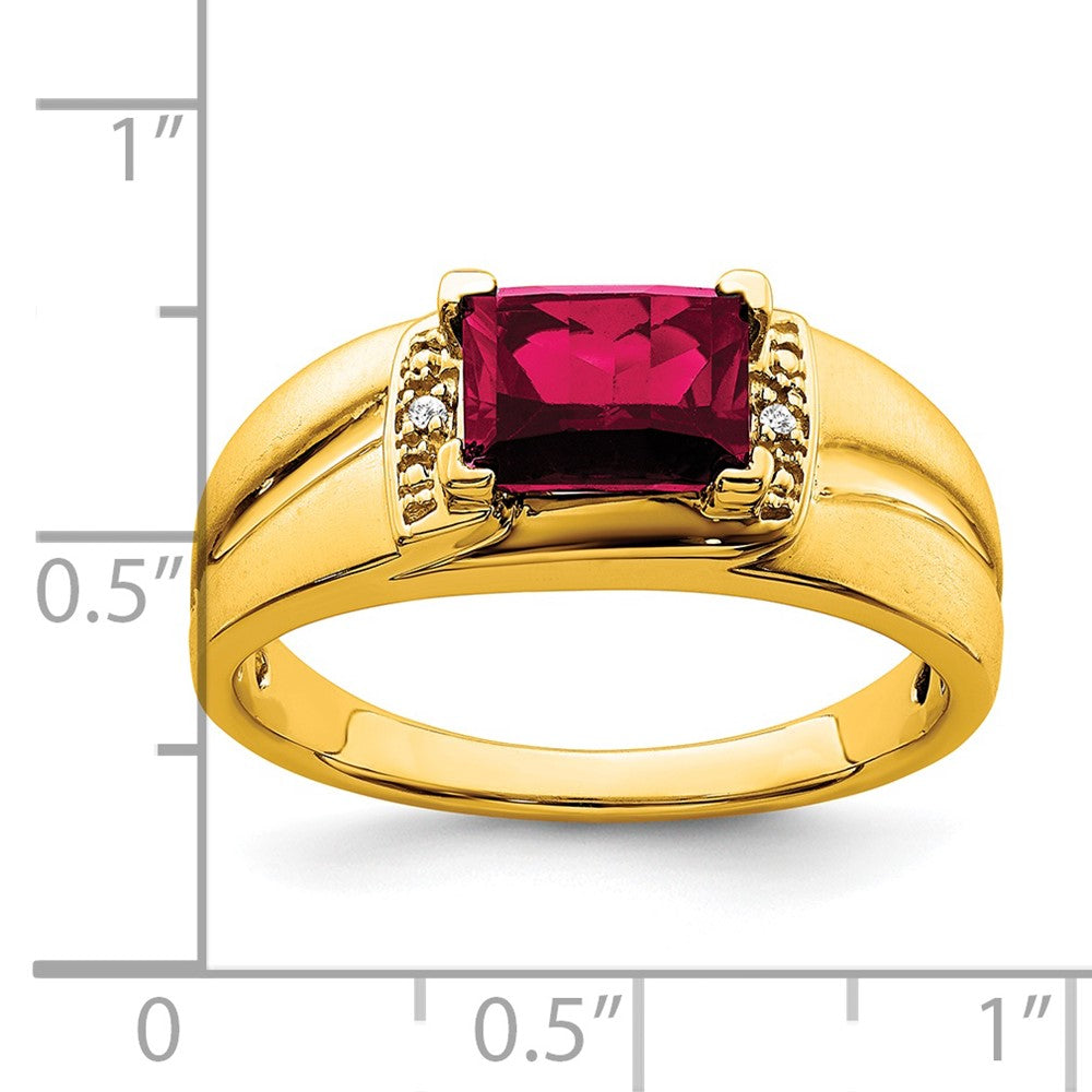14K Gelbgold Herrenring mit Rubin im Smaragdschliff (synthetisch) und echten Diamanten