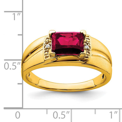 14K Gelbgold Herrenring mit Rubin im Smaragdschliff (synthetisch) und echten Diamanten