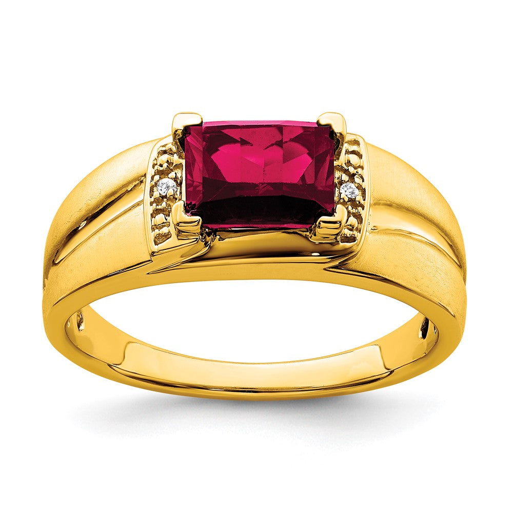 14K Gelbgold Herrenring mit Rubin im Smaragdschliff (synthetisch) und echten Diamanten