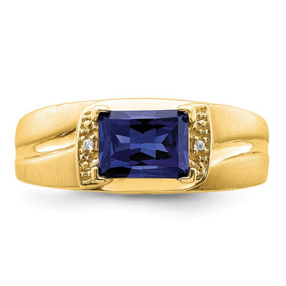 14K Gelbgold Herrenring mit Smaragdschliff-Zuchtsaphir und echten Diamanten