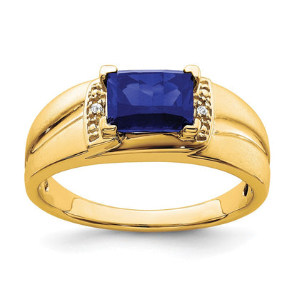 14K Gelbgold Herrenring mit Smaragdschliff-Zuchtsaphir und echten Diamanten