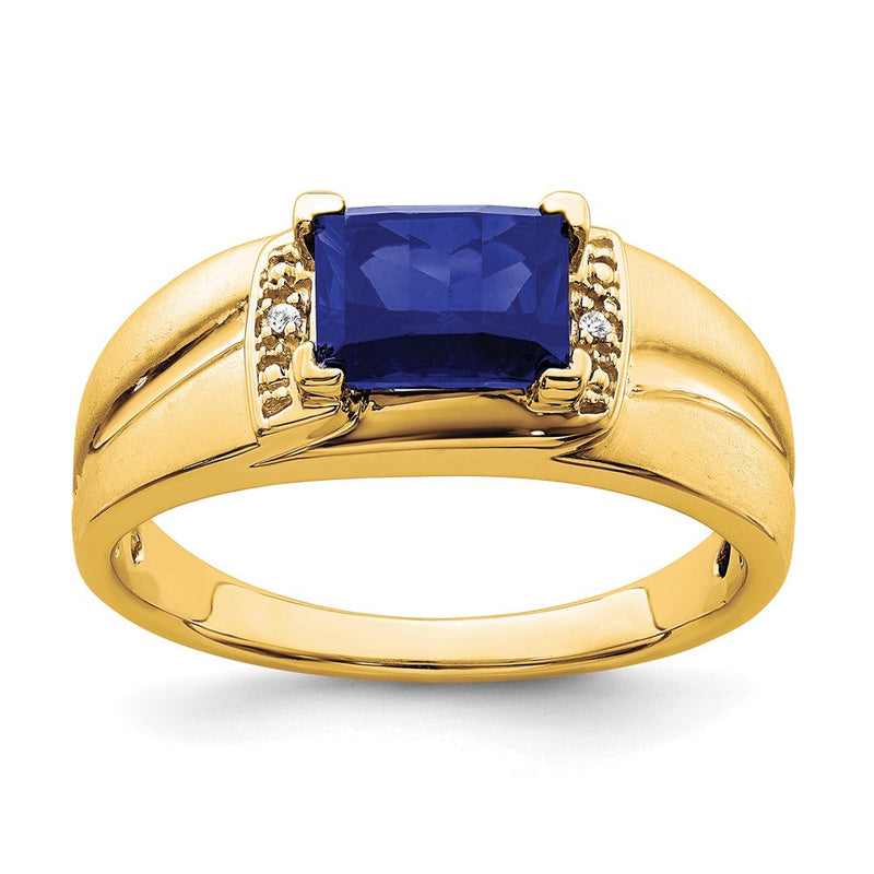 14K Gelbgold Herrenring mit Smaragdschliff-Zuchtsaphir und echten Diamanten