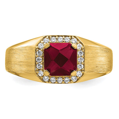 14K Gelbgold Herrenring mit Kissenschliff-Rubin (synthetisch) und echten Diamanten