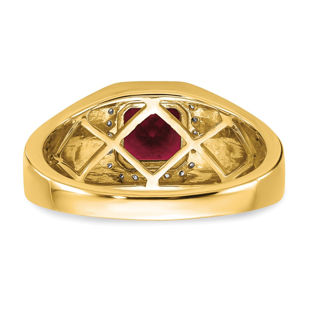 14K Gelbgold Herrenring mit Kissenschliff-Rubin (synthetisch) und echten Diamanten