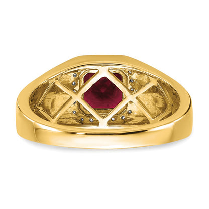14K Gelbgold Herrenring mit Kissenschliff-Rubin (synthetisch) und echten Diamanten