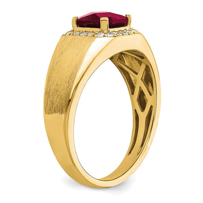 14K Gelbgold Herrenring mit Kissenschliff-Rubin (synthetisch) und echten Diamanten