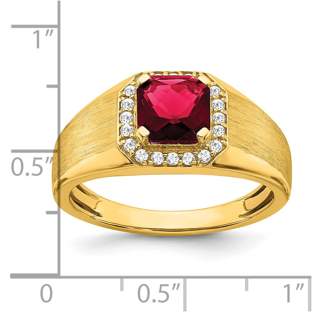 14K Gelbgold Herrenring mit Kissenschliff-Rubin (synthetisch) und echten Diamanten
