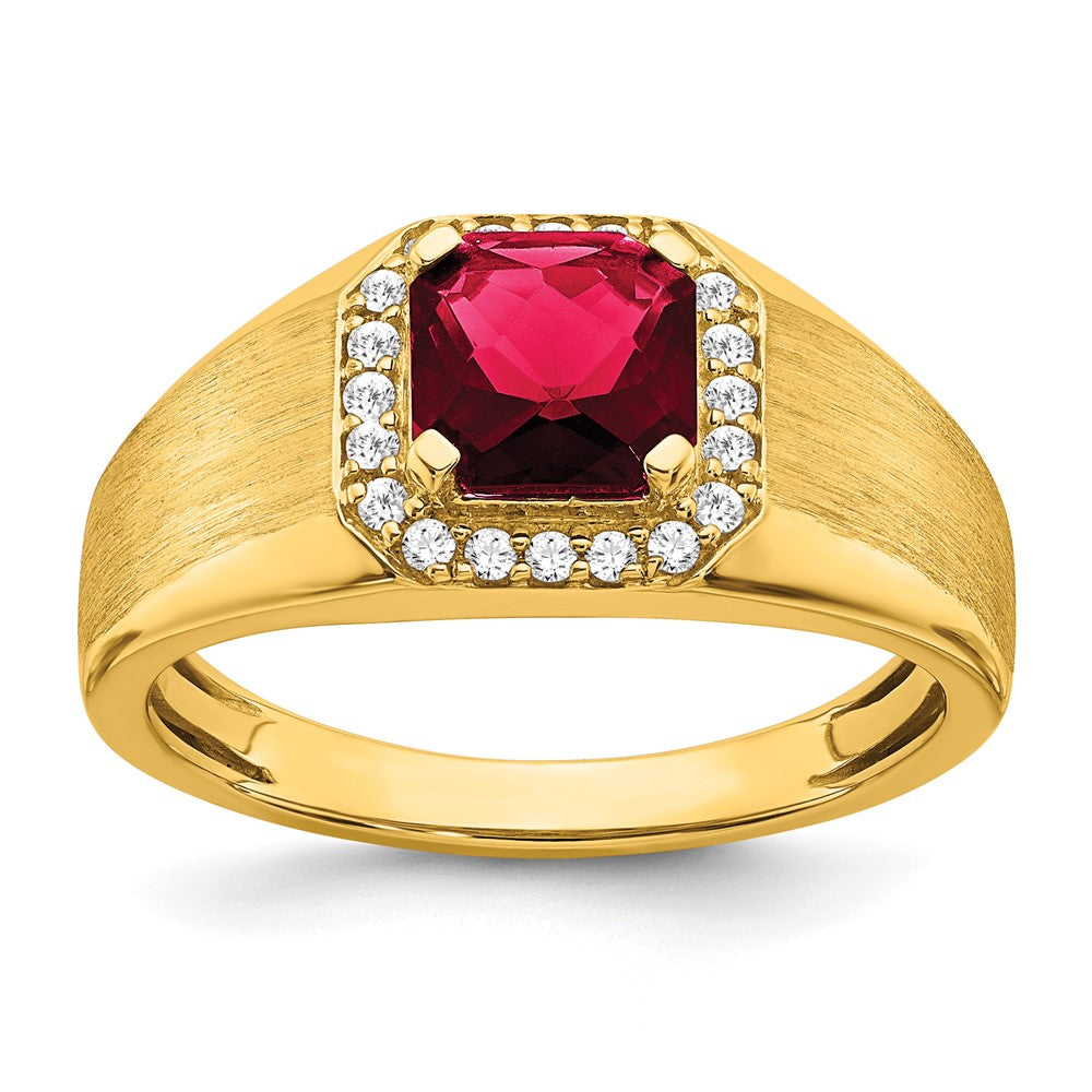 14K Gelbgold Herrenring mit Kissenschliff-Rubin (synthetisch) und echten Diamanten