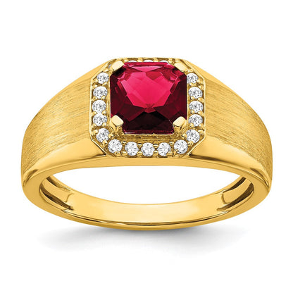 14K Gelbgold Herrenring mit Kissenschliff-Rubin (synthetisch) und echten Diamanten