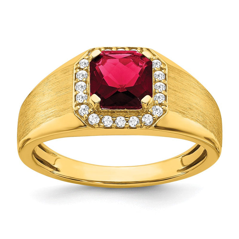 14K Gelbgold Herrenring mit Kissenschliff-Rubin (synthetisch) und echten Diamanten