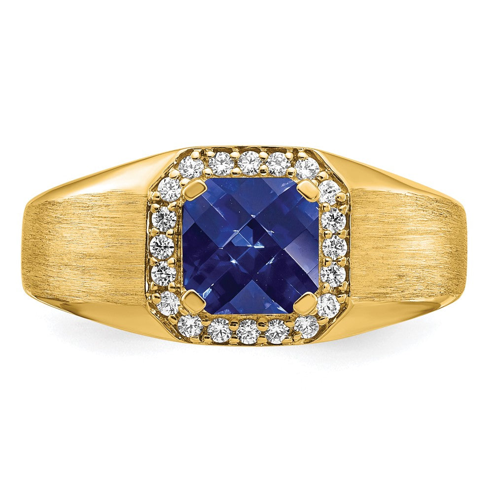 14K Gelbgold Herrenring mit Kissenschliff-Zuchtsaphir und echten Diamanten