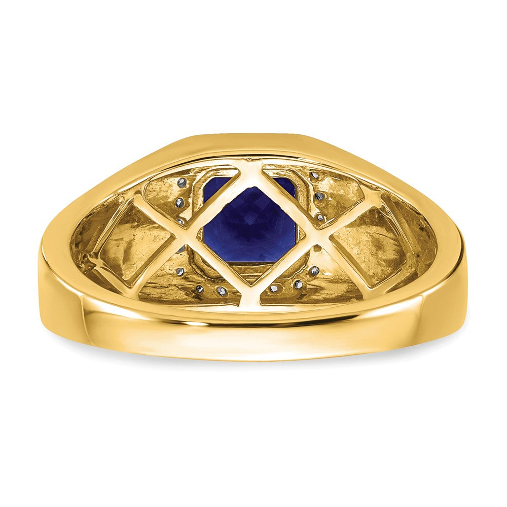 14K Gelbgold Herrenring mit Kissenschliff-Zuchtsaphir und echten Diamanten