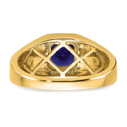 14K Gelbgold Herrenring mit Kissenschliff-Zuchtsaphir und echten Diamanten