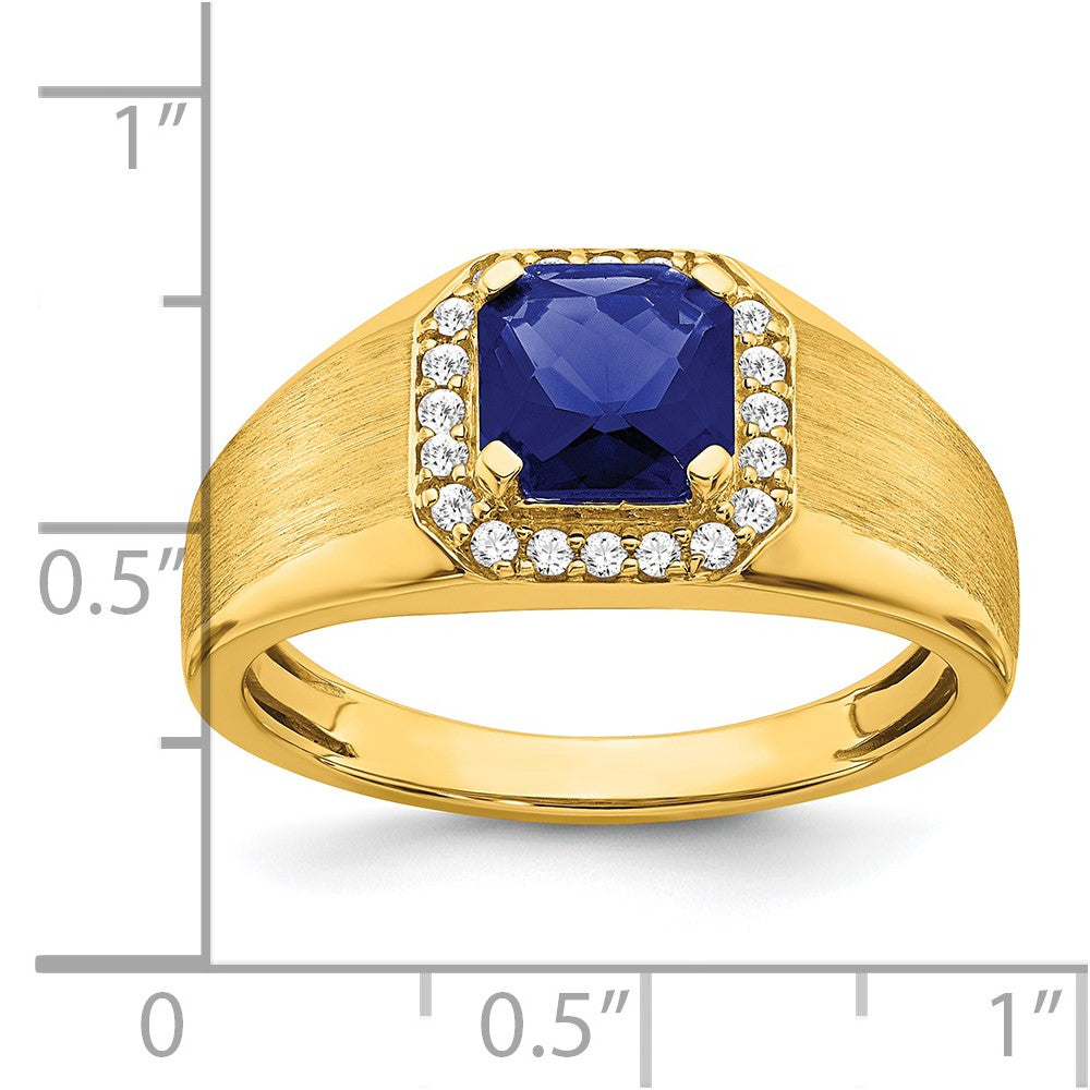 14K Gelbgold Herrenring mit Kissenschliff-Zuchtsaphir und echten Diamanten