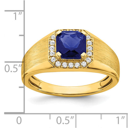 14K Gelbgold Herrenring mit Kissenschliff-Zuchtsaphir und echten Diamanten