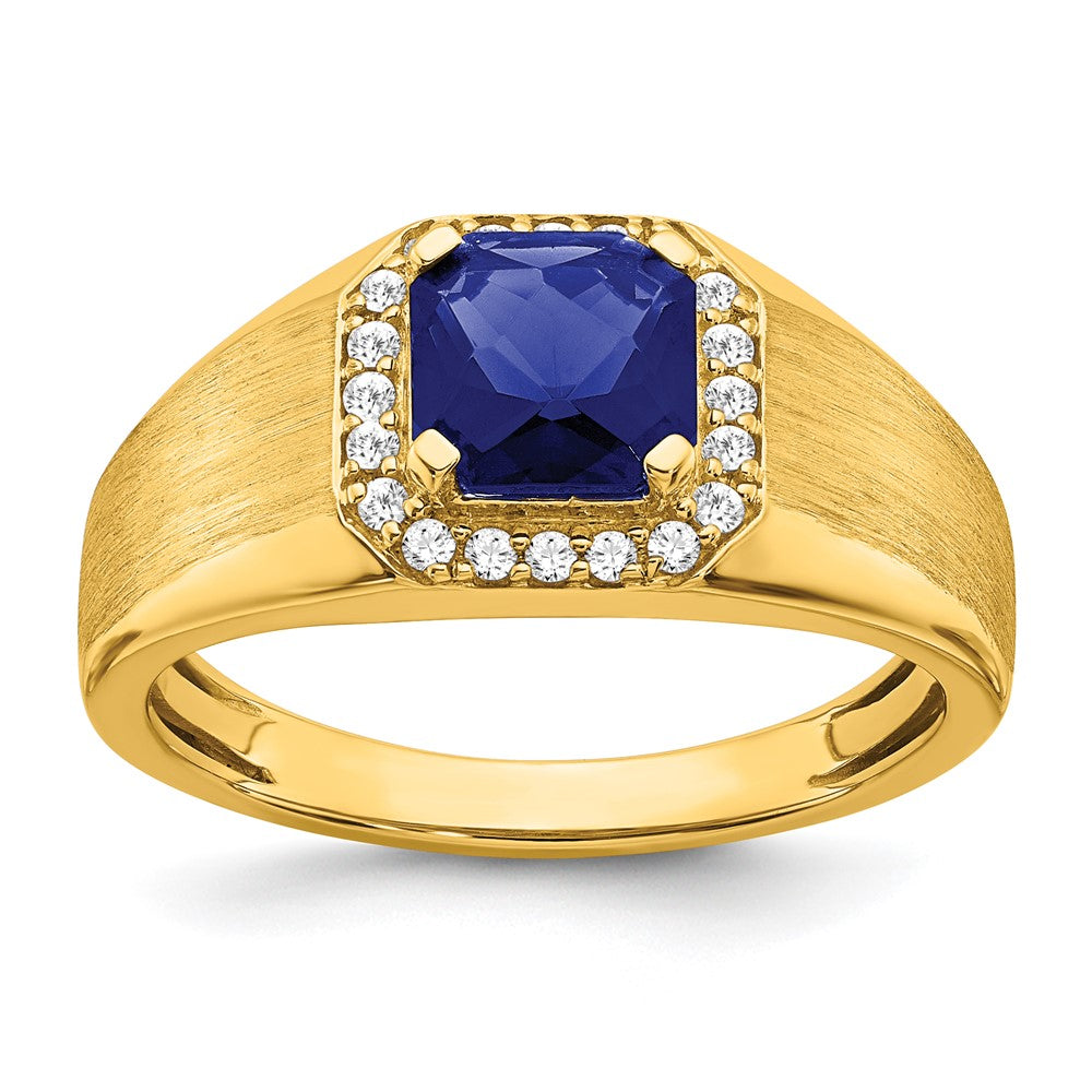 14K Gelbgold Herrenring mit Kissenschliff-Zuchtsaphir und echten Diamanten