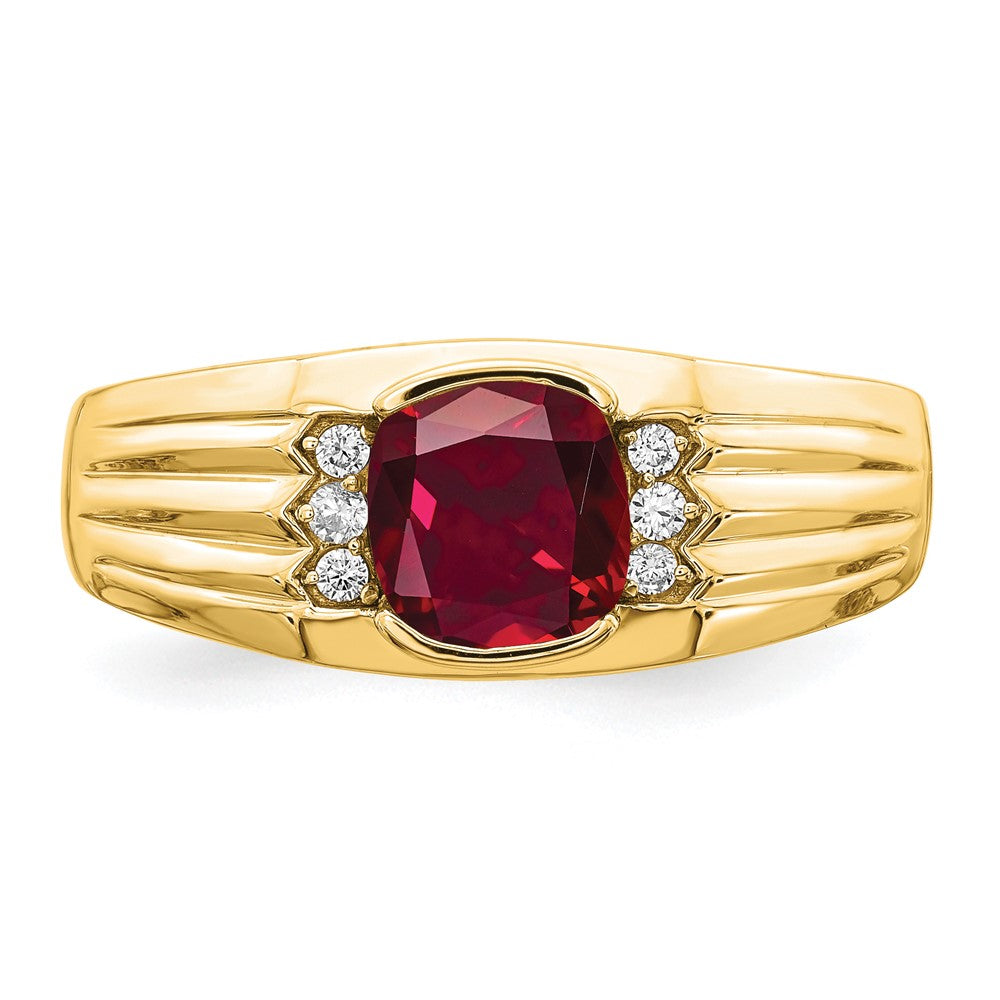 14K Gelbgold Herrenring mit Kissenschliff-Rubin (synthetisch) und echten Diamanten