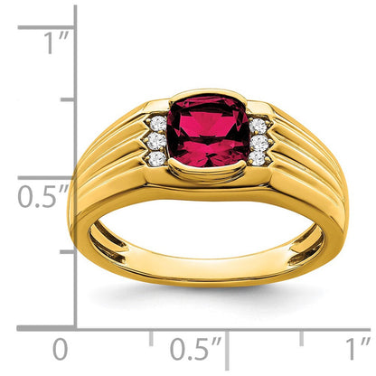 14K Gelbgold Herrenring mit Kissenschliff-Rubin (synthetisch) und echten Diamanten