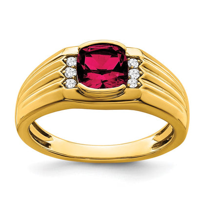 14K Gelbgold Herrenring mit Kissenschliff-Rubin (synthetisch) und echten Diamanten