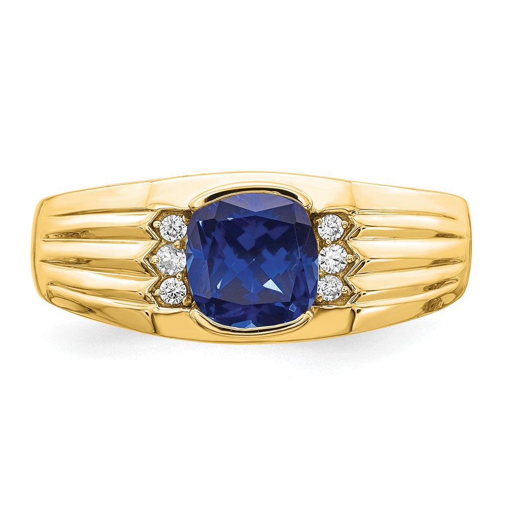 14K Gelbgold Herrenring mit Kissenschliff-Zuchtsaphir und echten Diamanten