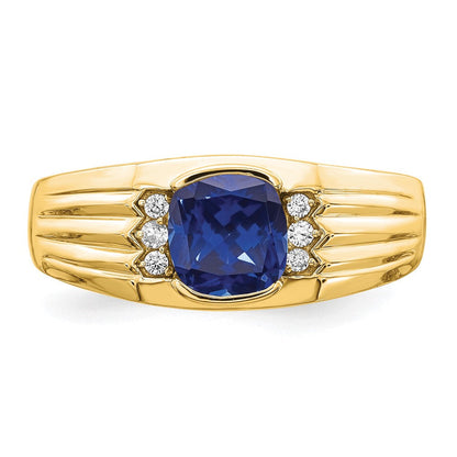 14K Gelbgold Herrenring mit Kissenschliff-Zuchtsaphir und echten Diamanten