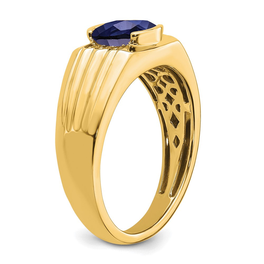 14K Gelbgold Herrenring mit Kissenschliff-Zuchtsaphir und echten Diamanten