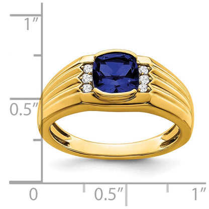 14K Gelbgold Herrenring mit Kissenschliff-Zuchtsaphir und echten Diamanten