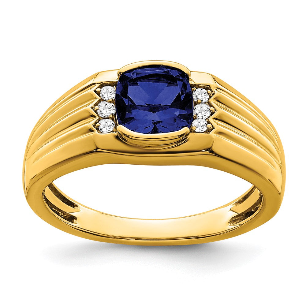 14K Gelbgold Herrenring mit Kissenschliff-Zuchtsaphir und echten Diamanten